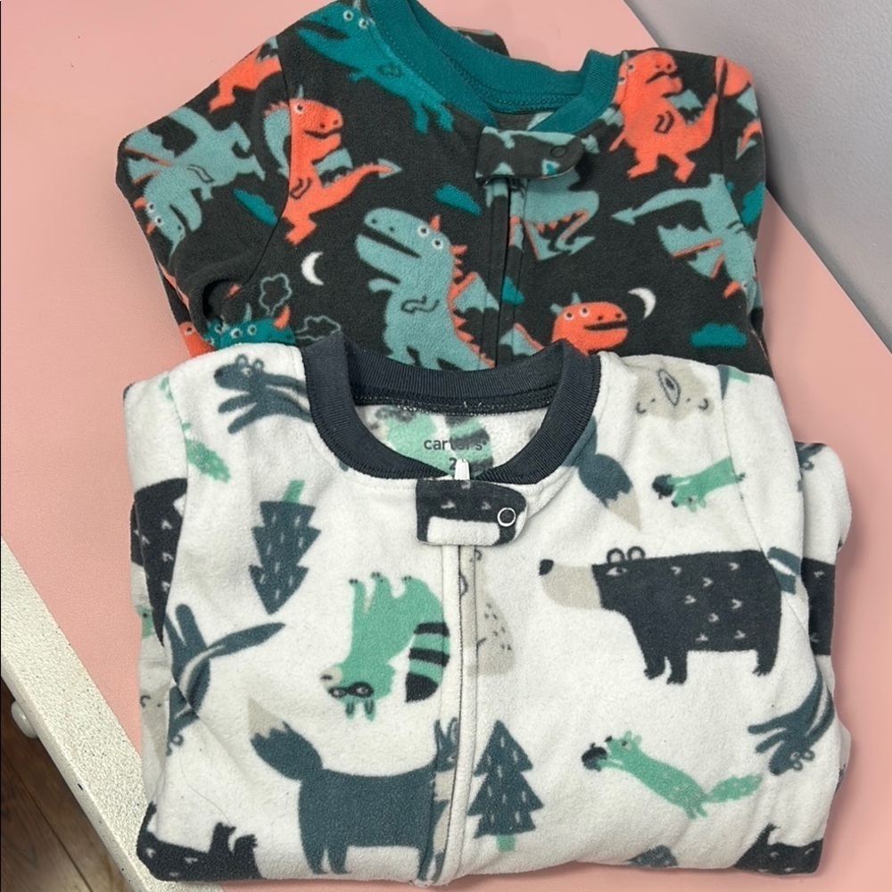 Two Carter's Baby Fleece Pajamas - Dinosaur and Woodland